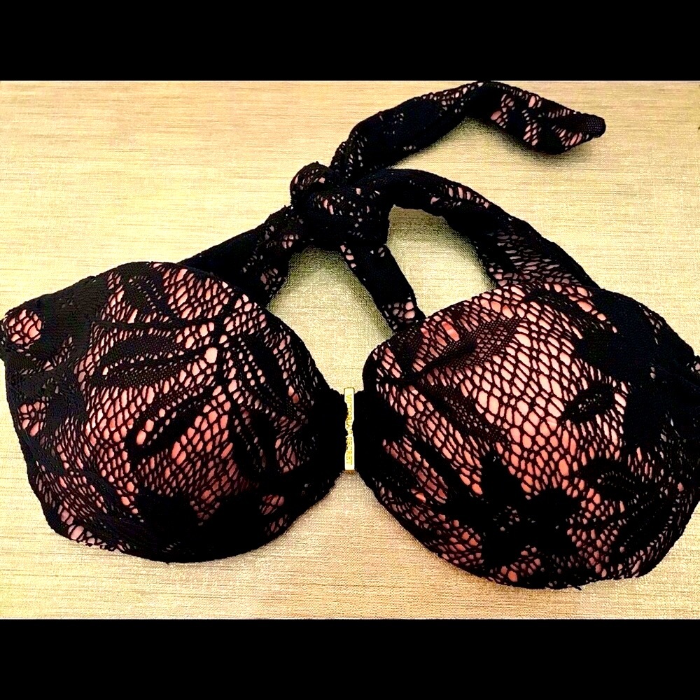 Victoria's Secret Black and Pink Lace Bikini Top